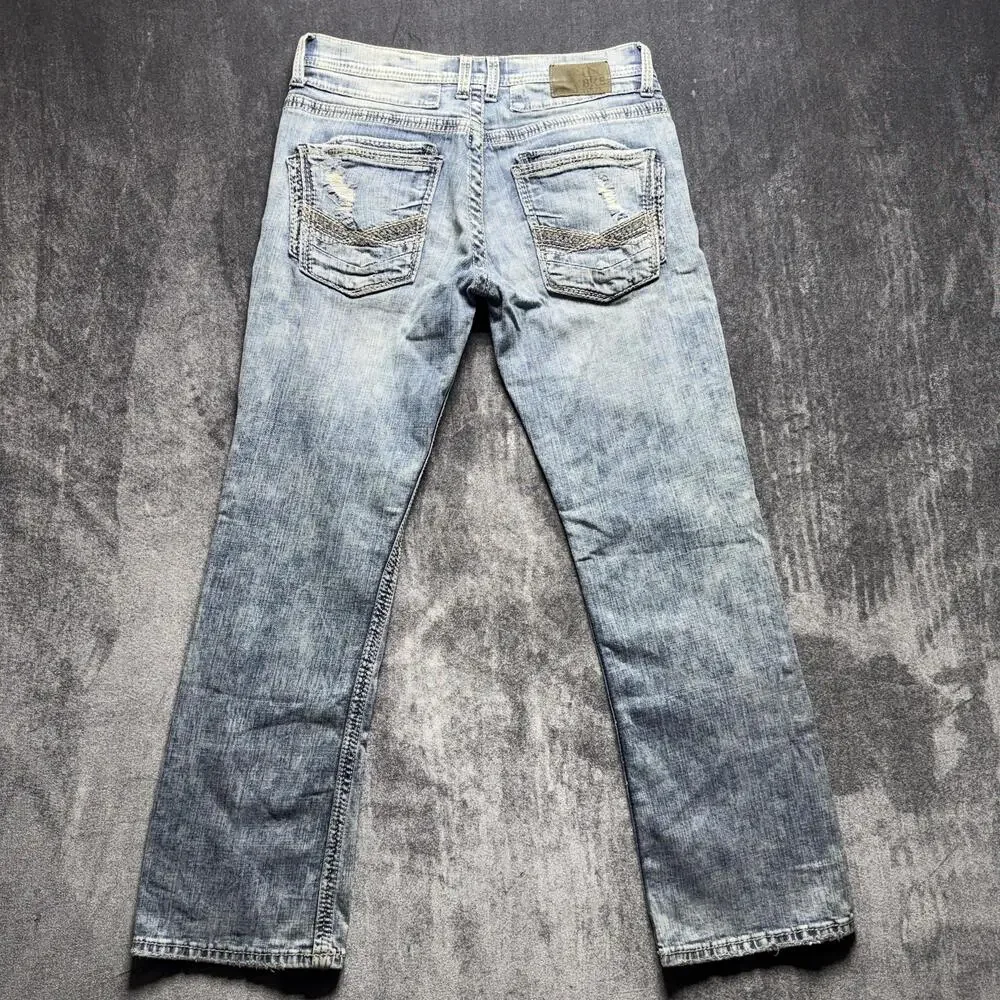 BKE Aiden Boot fit Jeans Mens 31x32 Blue Light Wash Distressed Stretch Denim